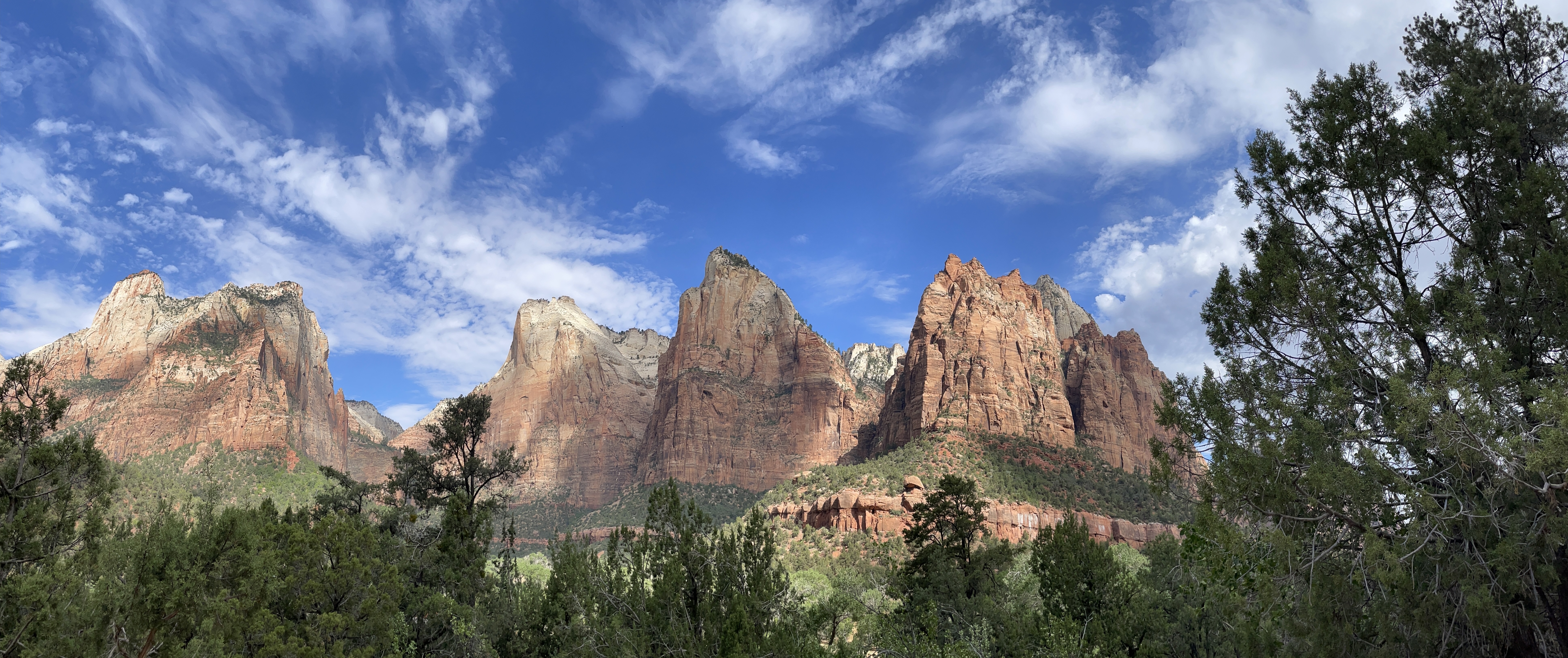 A panorama I took of the Court of Patriarchs mountains in Zion National Park in Utah